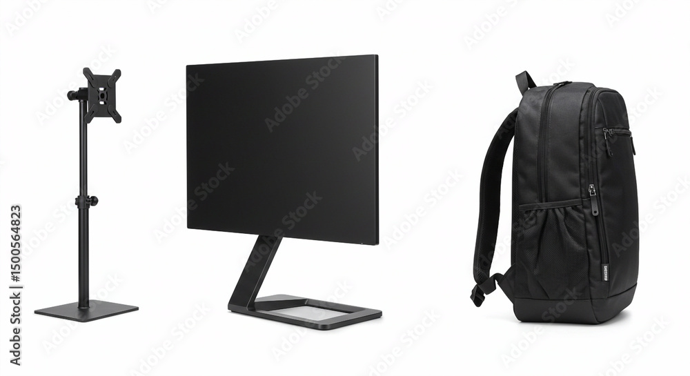 Elevate Your Workspace: Sleek Black Computer Monitor, Ergonomic Stand, and Stylish Backpack for Modern Professionals Elevate Your Workspace: Sleek Black Computer Monitor, Ergonomic Stand, and Stylish Backpack for Modern Professionals