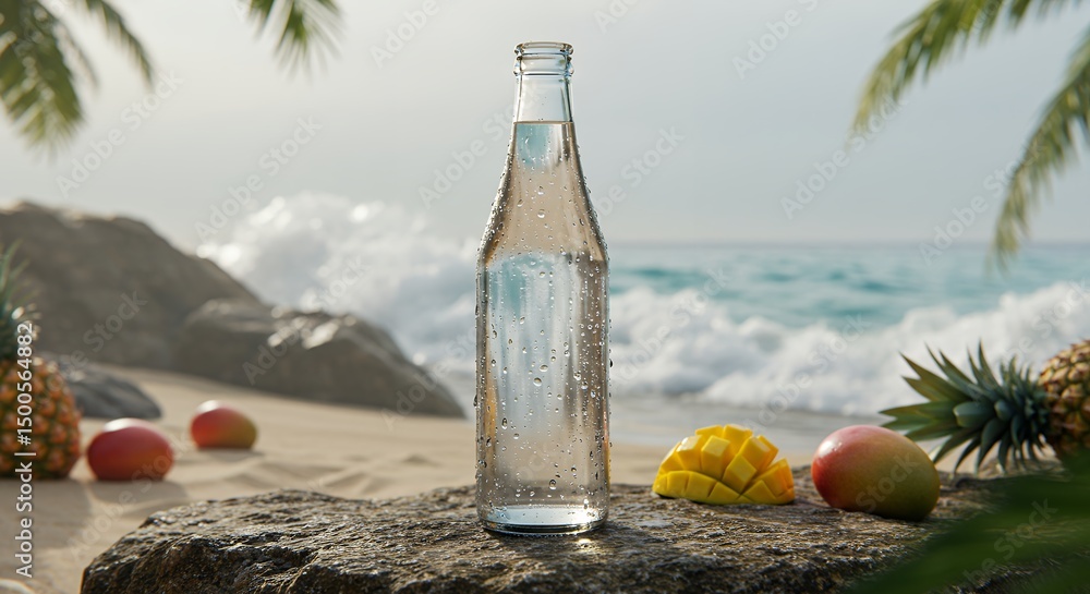 Obraz premium Refreshing water bottle with tropical fruits on a rocky beach with ocean waves
