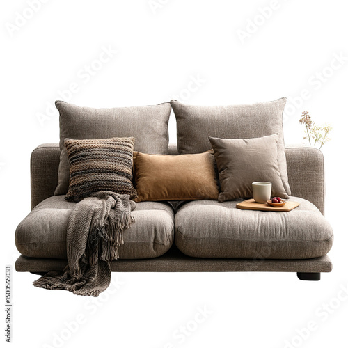 Cozy living room sofa with decorative cushions and a warm drink on a tray. isolated on a white background.