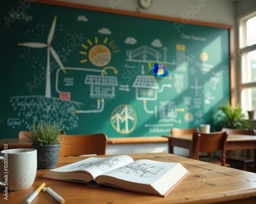 Sustainable Energy Education: A classroom scene with a chalkboard depicting a sustainable energy system, featuring wind turbines, solar panels, and a smart home. An open book rests on a wooden table.