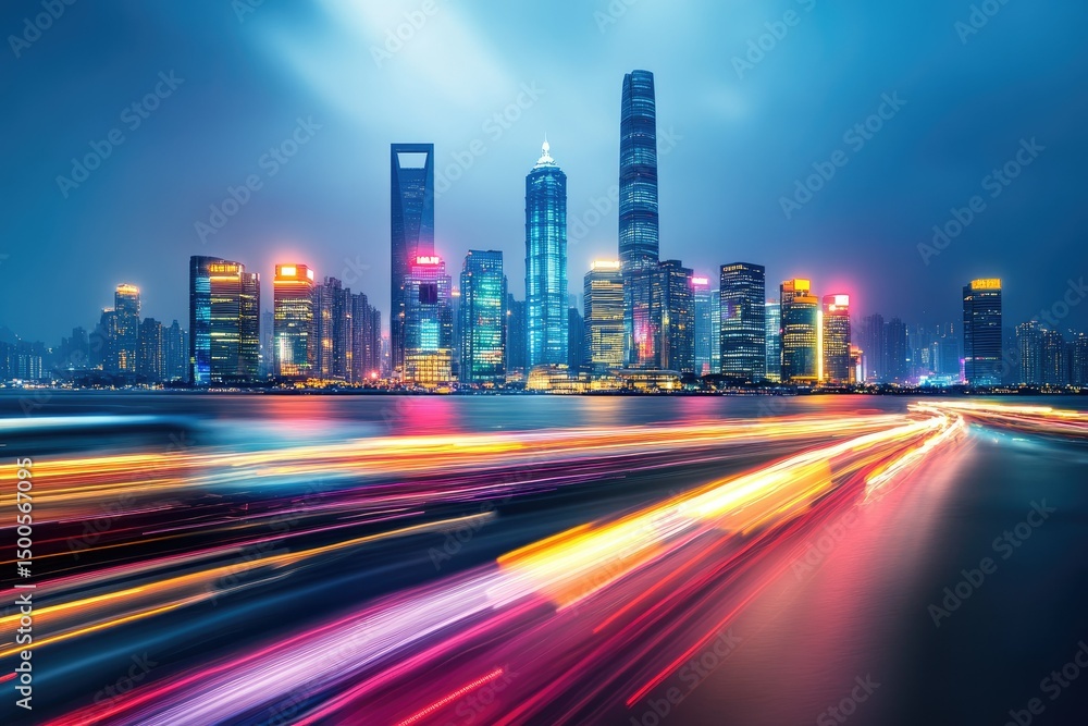 Vibrant cityscape at night, showcasing a cluster of illuminated skyscrapers along a waterfront, with streaks of colorful light trails from speeding vehicles in the foreground Vibrant cityscape at night, showcasing a cluster of illuminated skyscrapers along a waterfront, with streaks of colorful light trails from speeding vehicles in the foreground