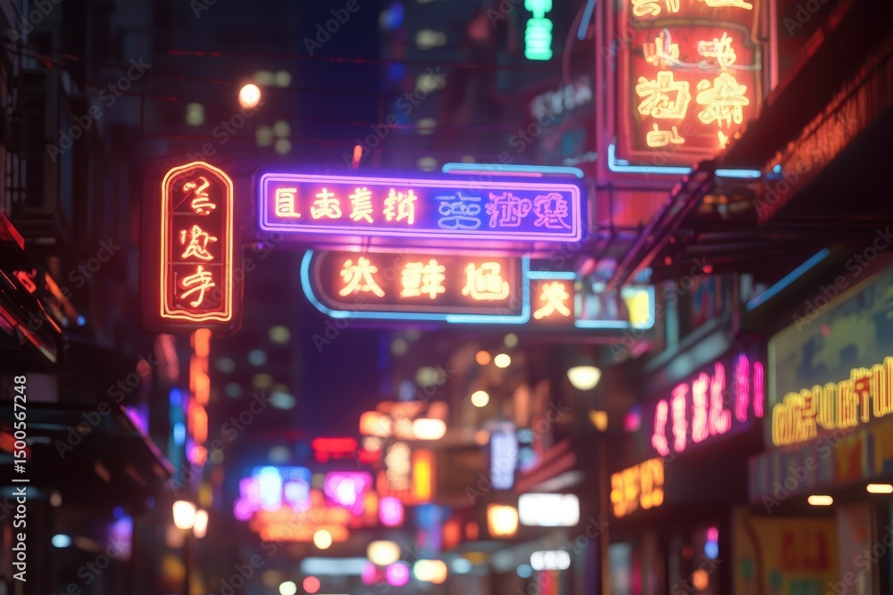 A vibrant, neon-lit nighttime alleyway in an Asian city, showcasing numerous glowing signs in Chinese characters, creating a busy, b A vibrant, neon-lit nighttime alleyway in an Asian city, showcasing numerous glowing signs in Chinese characters, creating a busy, b