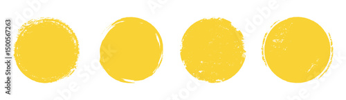 Yellow sun brush stamp watercolor paint shape sets. Hand drawn rough yellow circle shape ink brush stroke texture. Grunge circular rough badge background element pack. Vector illustration
