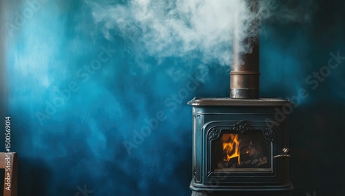 Dark teal wall backdrop features a wood-burning stove with visible flames, emitting smoke from its chimney; rustic ambiance
