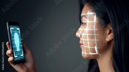 Young Woman Profile Face Scan Authentication through Mobile App with Biometric Grids over Face and Dark Background