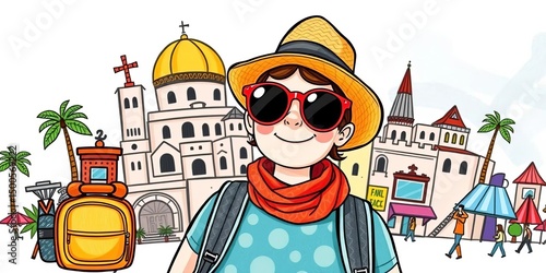 Hand-drawn style vector illustration of a tourist, featuring whimsical details and vibrant colors, kawaii, cute