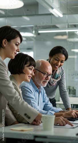 Photo Of Diverse Group Working Together At A Table Looking At Laptop Display in Office