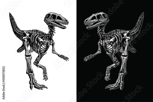Hand drawn illustration of velociraptor dinosaur skeleton