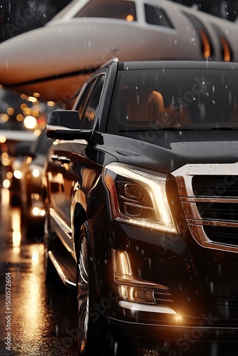 Luxury SUV at Airport, Rainy Night