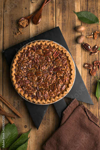 Fall traditional pies  pecan crumble pie overhead shot