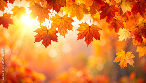 Autumn leaves in vibrant red and orange colors hang from branches with sunlight shining through, creating warm and glowing fall background full of seasonal beauty and firefly tones