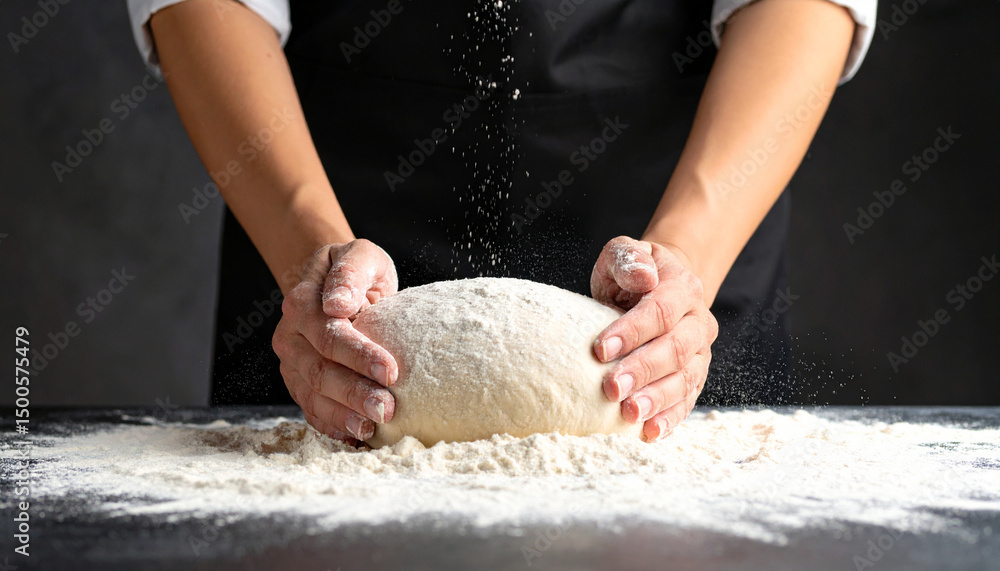 Obraz premium Hands kneading dough with flour on table and falling flour powder, close up of baker preparing bread dough in kitchen, cooking process with flour dust and soft dough ball