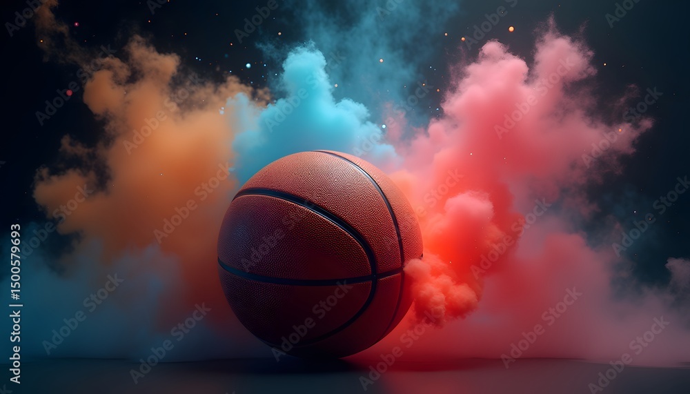 Fototapeta premium Basketball surrounded by colorful smoke clouds