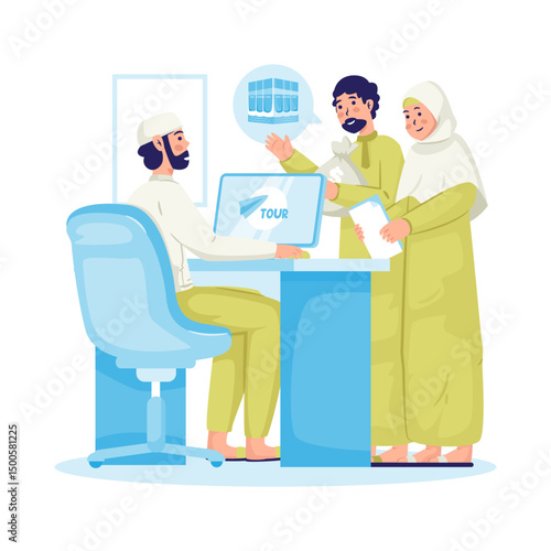 Muslim family registration at Hajj travel agency vector illustration