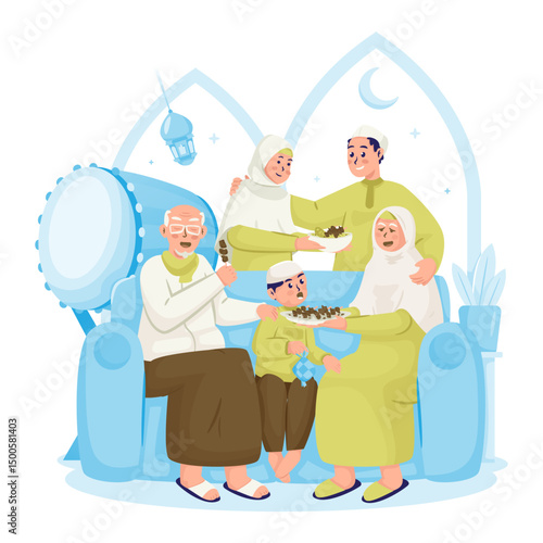 Happy Muslim family celebrating Eid al-Adha vector illustration
