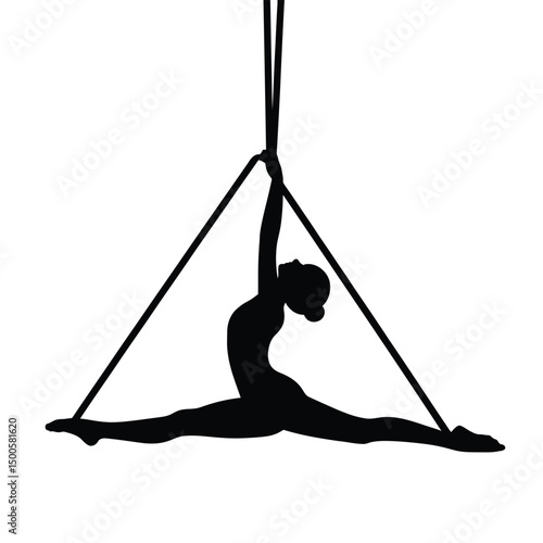Aerial Yoga Silhouette Performing Splits on Triangle Lyra Hoop on White
