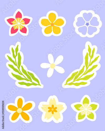 Set flowers stickers element of summer season vector illustration for printable or wrapping. Cute hand drawn seamless pastel stickers flowers icon