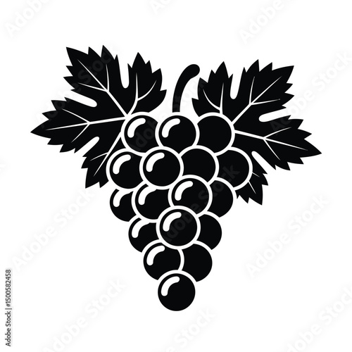 Black and white grape cluster with leaves simple vector illustration