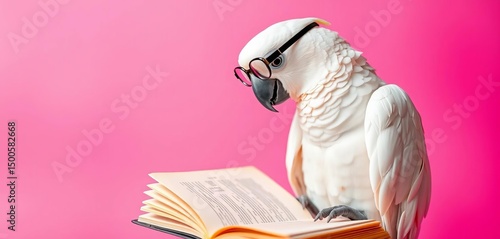 White parrot in glasses, reading a book on a pink background, vibrant, school