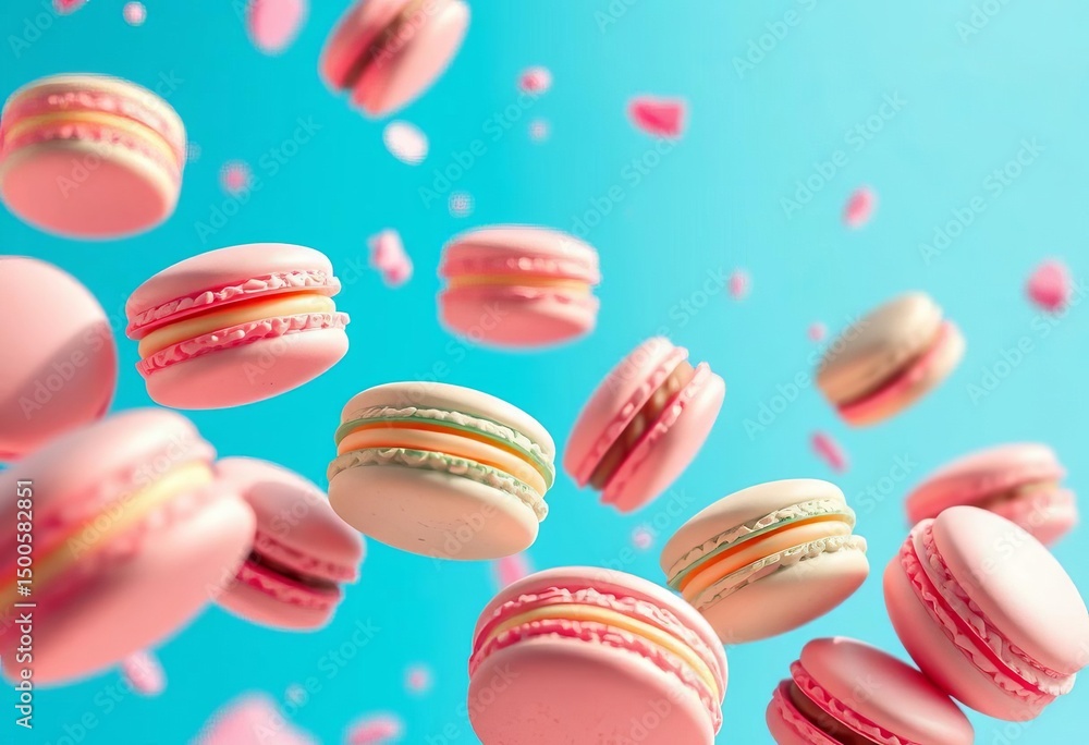 Whimsical pastel macarons float against a vibrant blue sky, texture, food photography Whimsical pastel macarons float against a vibrant blue sky, texture, food photography