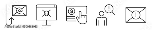 Conjunto de iconos de phishing. Ciberataques, fraudes y alertas digitales. Anzuelo digital, amenaza en pantalla, robo de datos, análisis sospechoso, correo fraudulento. Ilustración vectorial