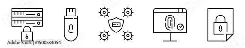 Conjunto de iconos de protección de datos. Seguridad, encriptación, autenticación. Servidor protegido, almacenamiento seguro, control de acceso, identidad verificada, documento protegido. Ilustración 