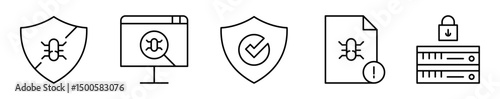 Conjunto de iconos de antivirus. Protección, detección, vigilancia. Bloqueo de virus, análisis de amenazas, escudo de seguridad, alerta de infección, servidor seguro. Ilustración vectorial