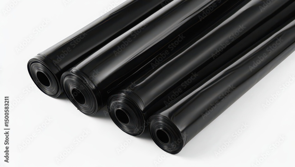 Fototapeta premium Three rolled sheets of glossy, black plastic sheeting, tightly wound and slightly overlapping on a white background