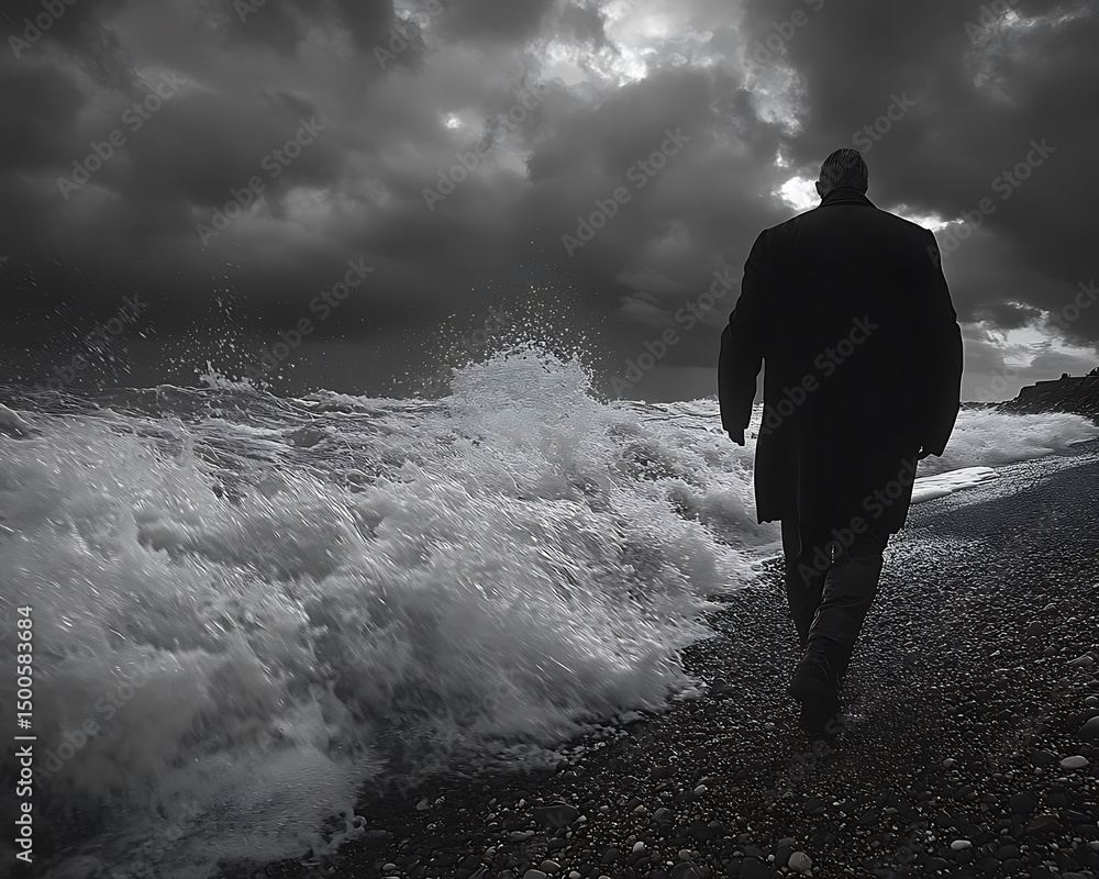 Obraz premium Person walking on stormy beach