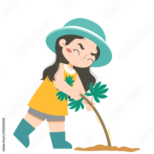 Adorable asian girl is pulling up cassava in farmland in harvestmoon.eps