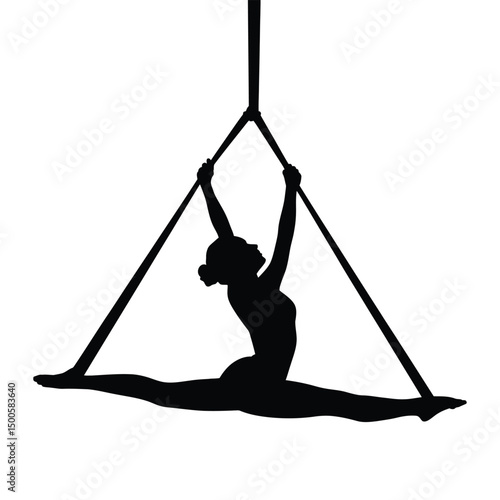 Aerial Silks Silhouette Graceful Woman Performing Splits in the Air