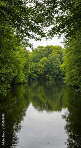 Photo of Lush Green Trees Framing Calm Lake with Reflections of Foliage