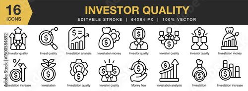 Investor Quality icon set. Editable Stroke Icon Collection. Includes investor, business, investment, quality, financial, management, and More. Outline icons vector collection.