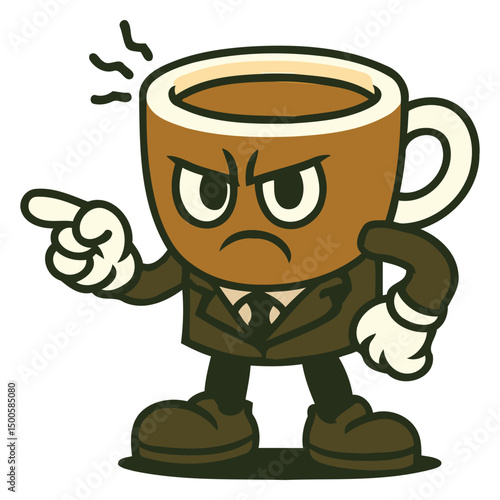 Serious Coffee Cup Boss Pointing with Business Suit