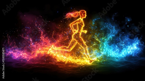 Dynamic woman figure outlined with vibrant energy motion in a sporty black background concept