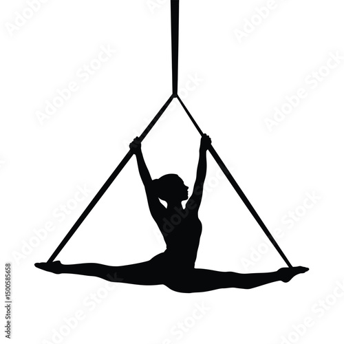 Silhouette of aerialist performing split on aerial triangle white background