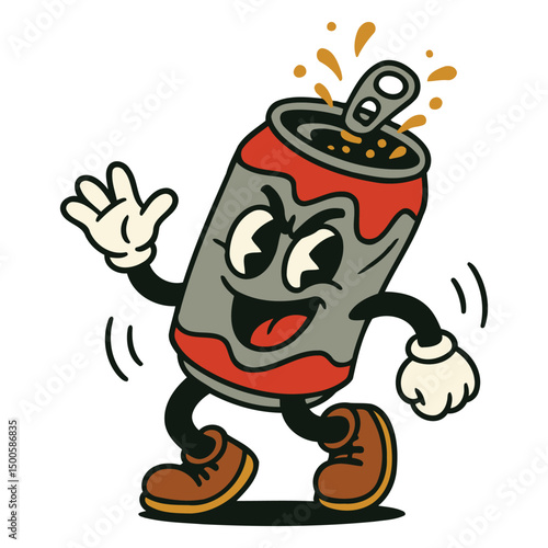 Soda Can Cartoon Character Waving with Splashing Drink