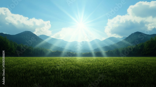 Serene Mountain Landscape with Vast Green Field and Radiant Sunlight Illuminating the Sky and Nature in a Tranquil Scenic Setting