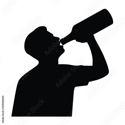 Silhouette of a man drinking directly from a bottle of alcohol