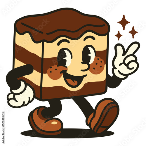 Tiramisu Dessert Cartoon Character Walking with Peace Sign