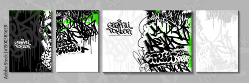 Modern graffiti art poster or flyer design with tags, throw up. Hand-drawn abstract graffiti illustration vector template with spray painted effects
