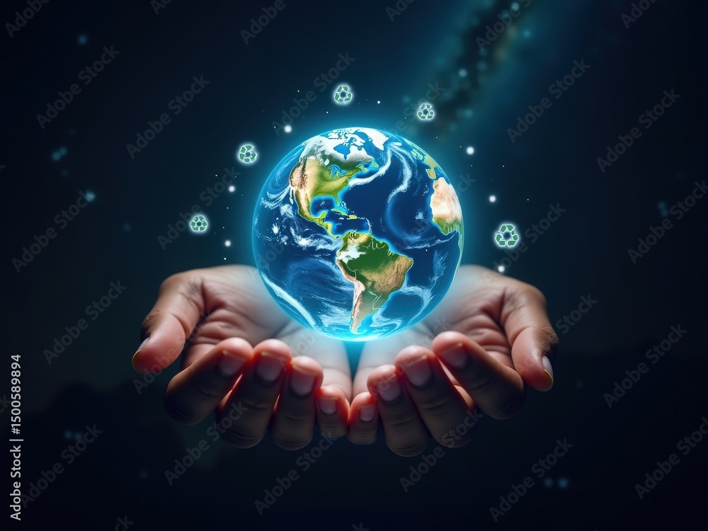 Global Embrace: Two hands cradle a glowing, ethereal representation of the Earth. In this digital artwork, the globe emanates with a soft, warm light, symbolizing care and conservation Global Embrace: Two hands cradle a glowing, ethereal representation of the Earth. In this digital artwork, the globe emanates with a soft, warm light, symbolizing care and conservation