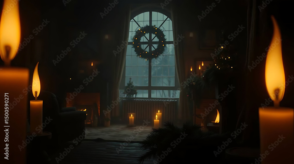 Obraz premium Candlelit Winter Room with Fireplace and Christmas Wreath