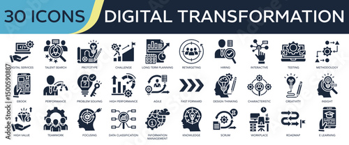 Collection of Digital Transformation icons, related to digital service, talent search, methodology, long term planning, interactive and more. Glyph icons vector illustation.