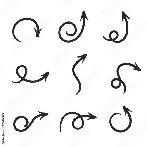 Hand-Drawn Curly Arrow Icon Vector Set.