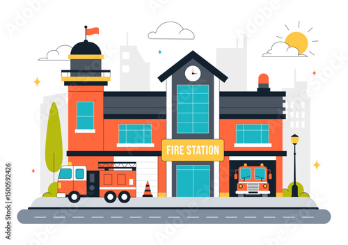 Fire Station Building Vector Illustration Featuring a Department and Fire Engine Car with Firefighters in a Flat Style Cartoon Background