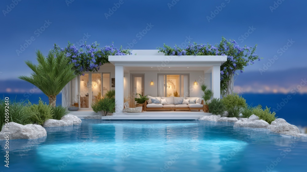 Fototapeta premium Modern Waterfront House Infinity Pool Sunset Luxury Villa