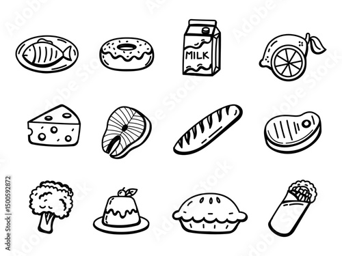 Set of foods doodle illustration on a white background. Foods doodle elements