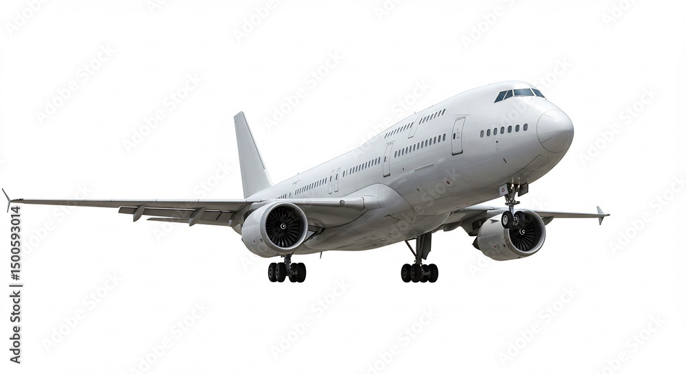 White passenger jet descends smoothly against bright sky. AI Generated White passenger jet descends smoothly against bright sky. AI Generated