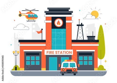 Fire Station Building Vector Illustration Featuring a Department and Fire Engine Car with Firefighters in a Flat Style Cartoon Background